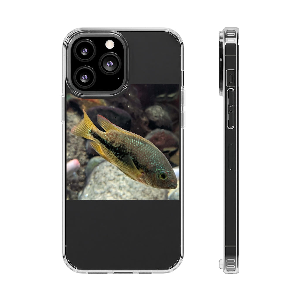 Brown and orange fish design clear phone case showcasing its flexible and durable structure.