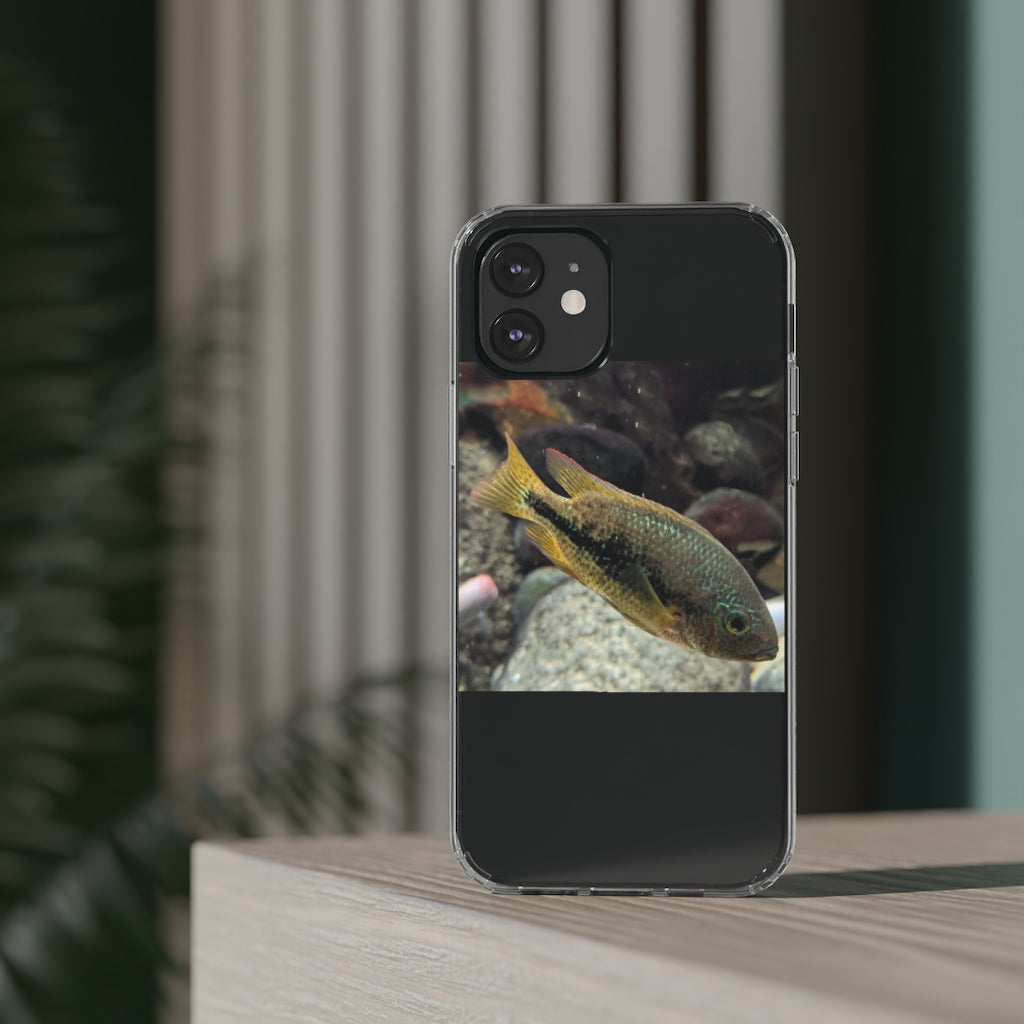 Brown and orange fish design clear phone case showcasing its flexible and durable structure.