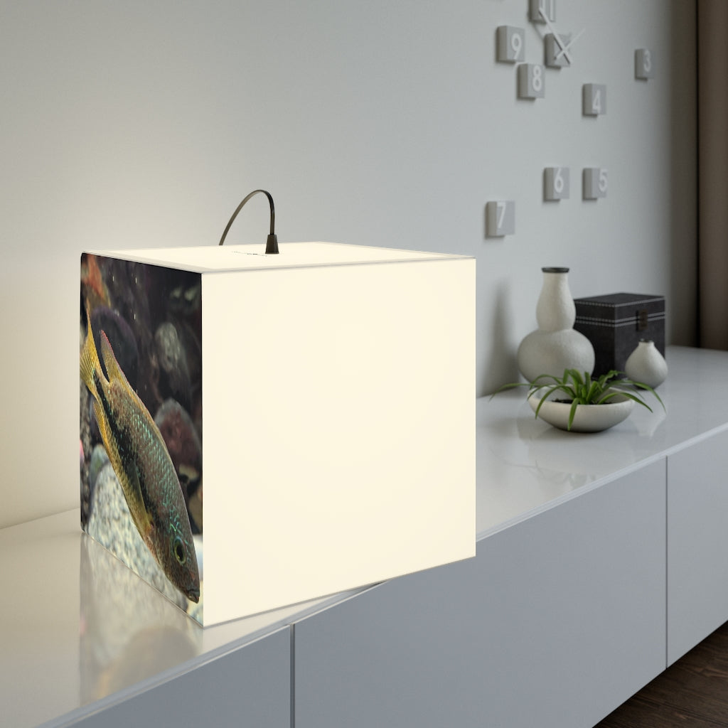 Brown and orange cube lamp featuring a fish design, perfect for indoor lighting and decoration.