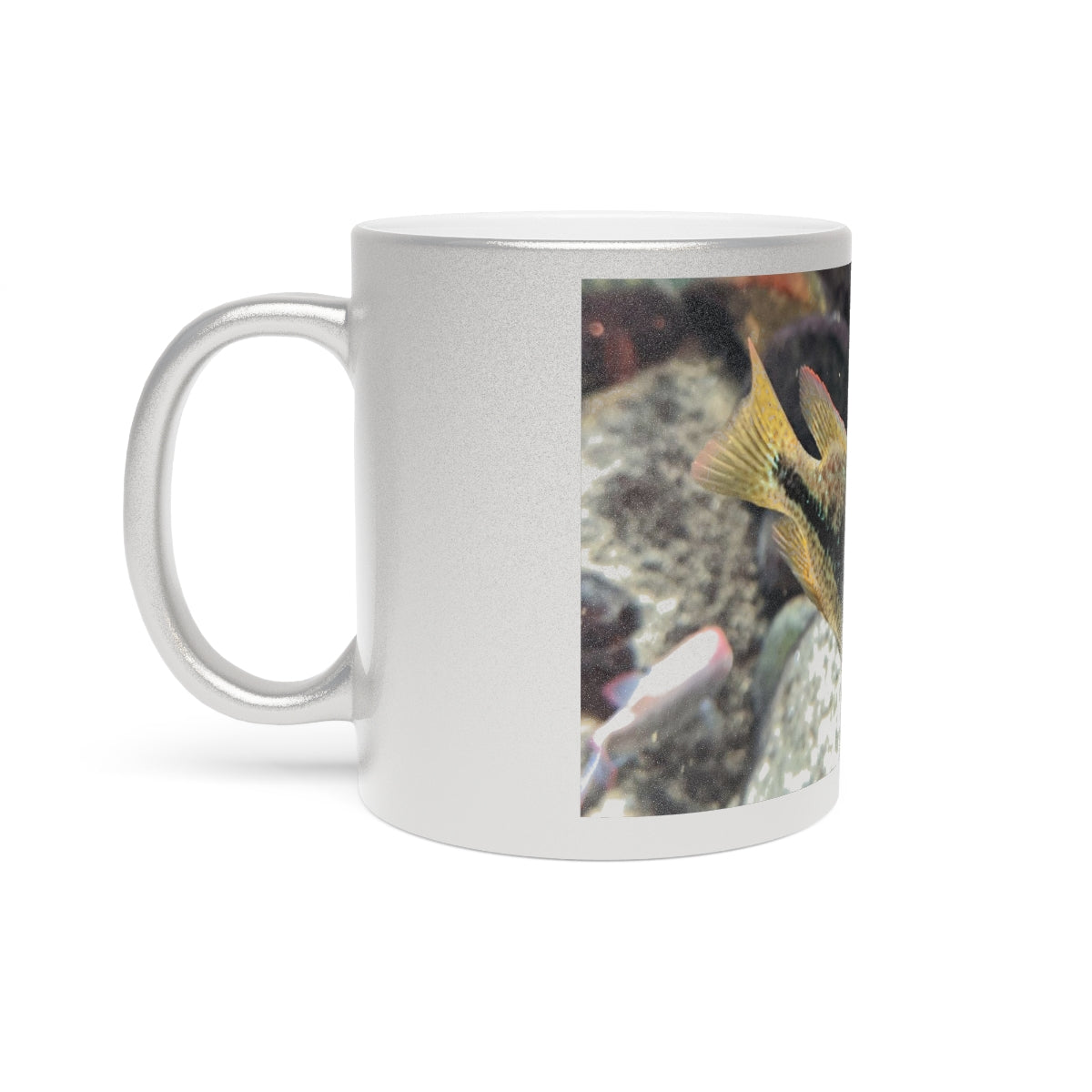 A stylish Brown and Orange Fish Metallic Mug with Gold or Silver coating, showcasing a unique design and comfortable C-handle.