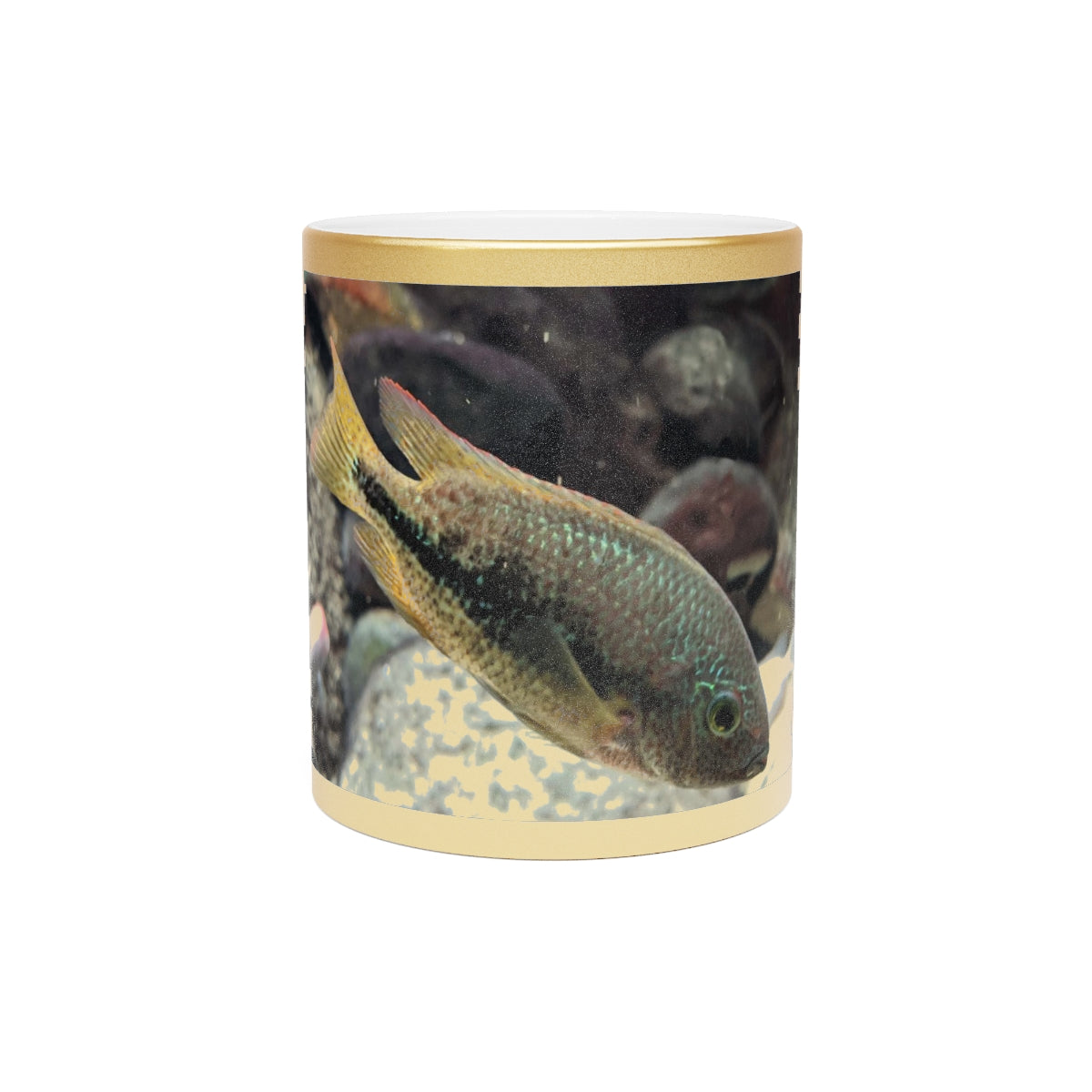 A stylish Brown and Orange Fish Metallic Mug with Gold or Silver coating, showcasing a unique design and comfortable C-handle.