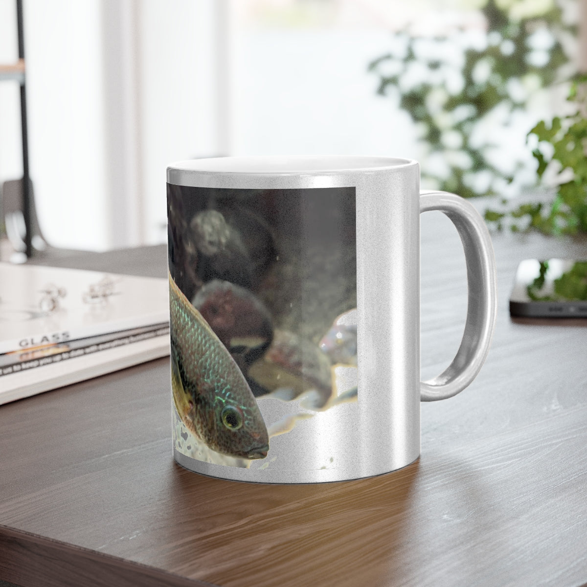 A stylish Brown and Orange Fish Metallic Mug with Gold or Silver coating, showcasing a unique design and comfortable C-handle.