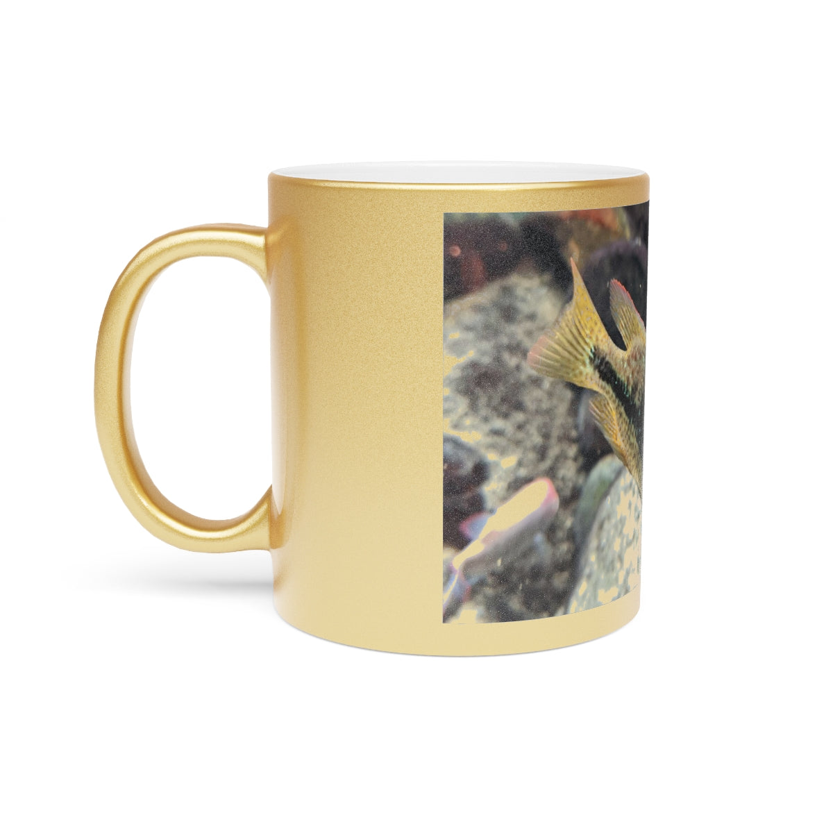 A stylish Brown and Orange Fish Metallic Mug with Gold or Silver coating, showcasing a unique design and comfortable C-handle.