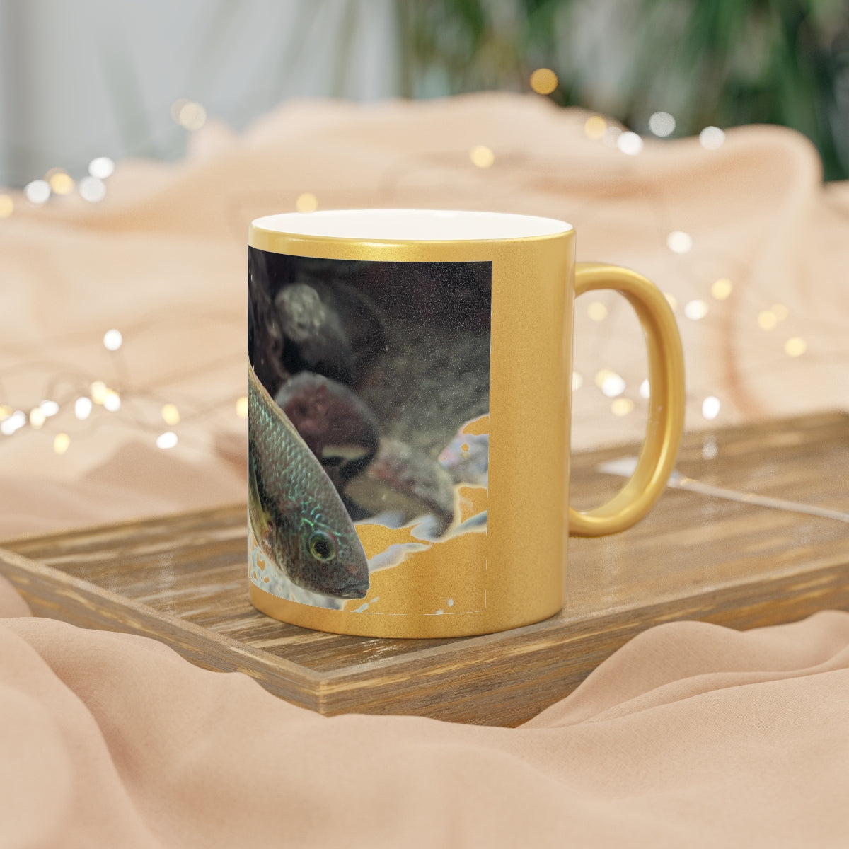 A stylish Brown and Orange Fish Metallic Mug with Gold or Silver coating, showcasing a unique design and comfortable C-handle.