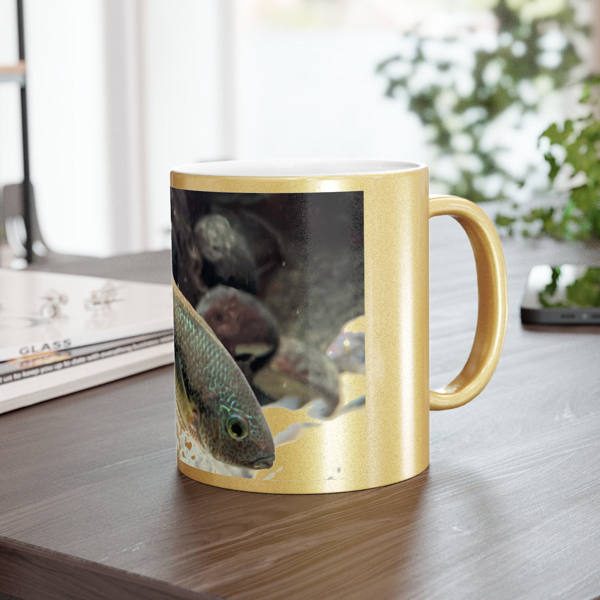 A stylish Brown and Orange Fish Metallic Mug with Gold or Silver coating, showcasing a unique design and comfortable C-handle.