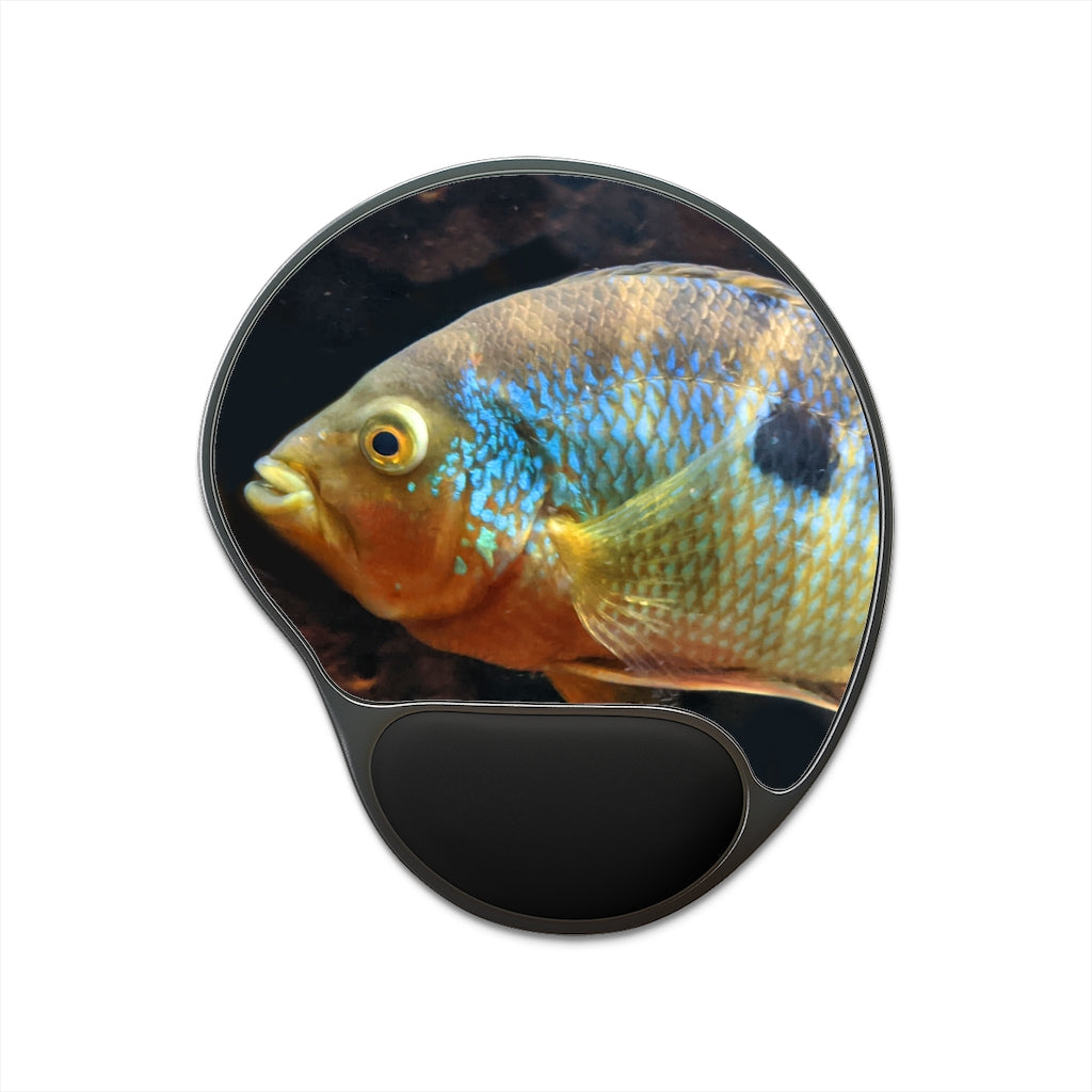 Brown and orange fish mouse pad with ergonomic wrist rest, featuring a unique design and durable base.