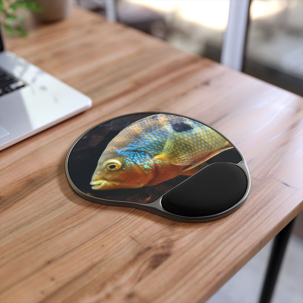 Brown and orange fish mouse pad with ergonomic wrist rest, featuring a unique design and durable base.