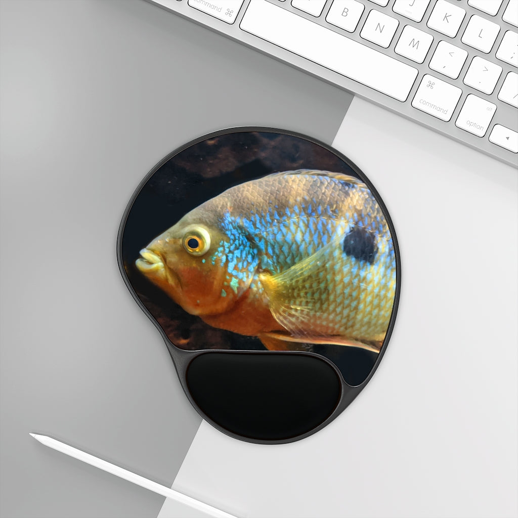 Brown and orange fish mouse pad with ergonomic wrist rest, featuring a unique design and durable base.