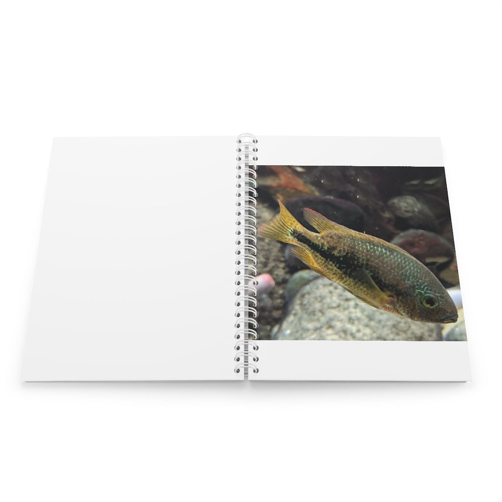 Brown and orange spiral notebook featuring a fish design on the cover, showcasing customizable front and back covers.