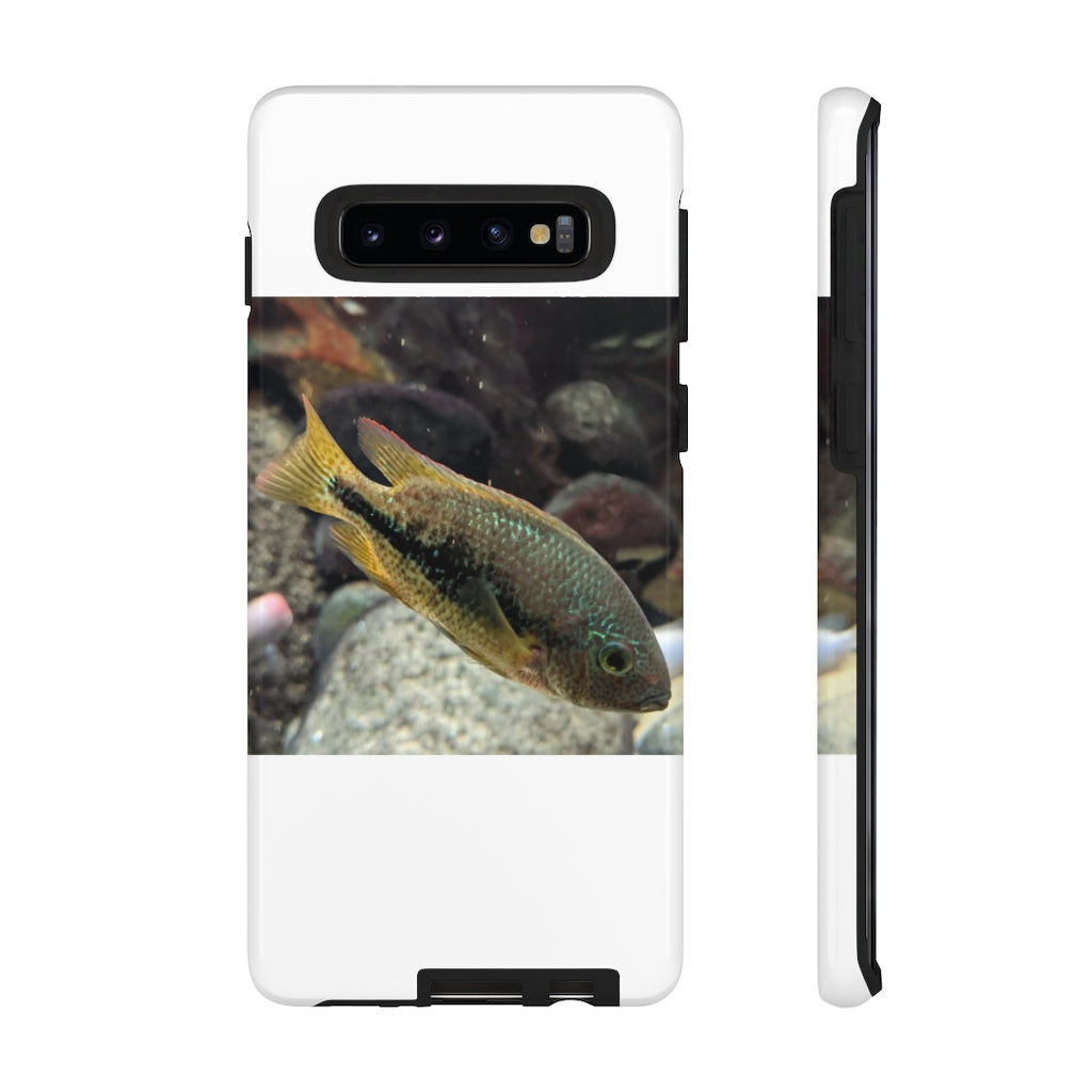 Brown and orange fish tough phone case with dual-layer protection and impact-resistant design.