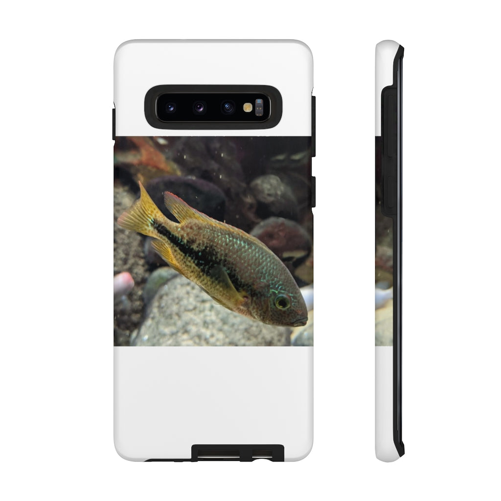 Brown and orange fish tough phone case with dual-layer protection and impact-resistant design.