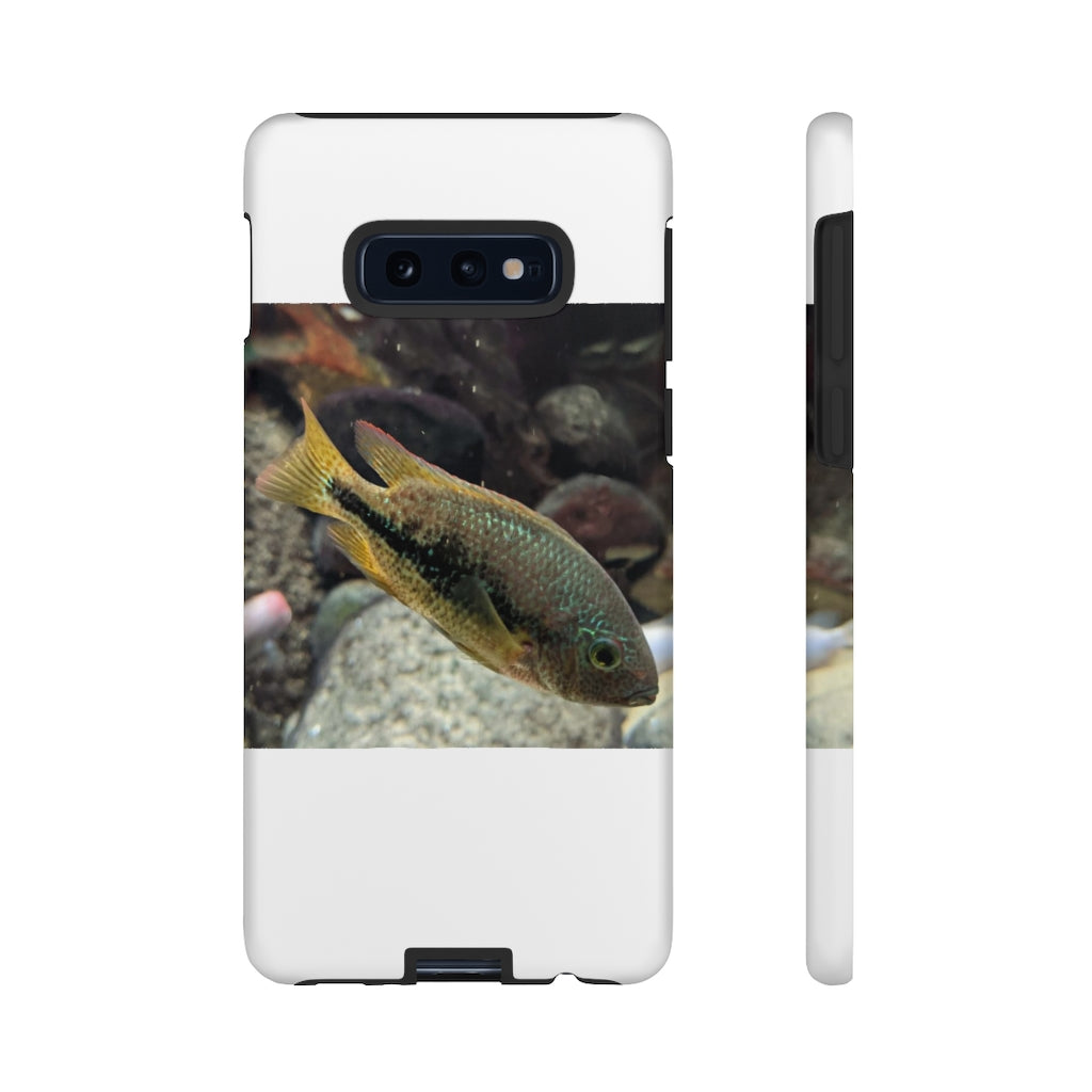 Brown and orange fish tough phone case with dual-layer protection and impact-resistant design.