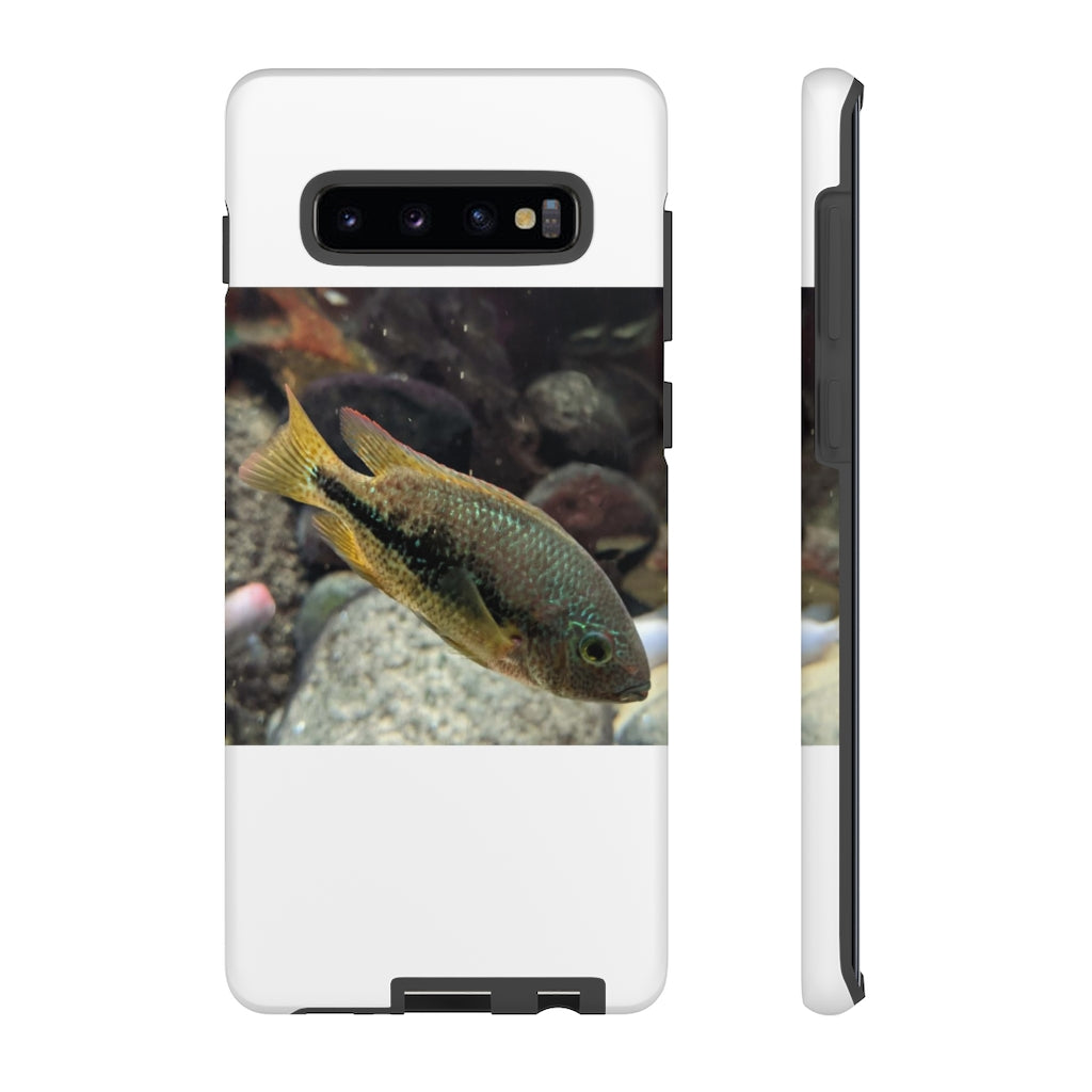 Brown and orange fish tough phone case with dual-layer protection and impact-resistant design.