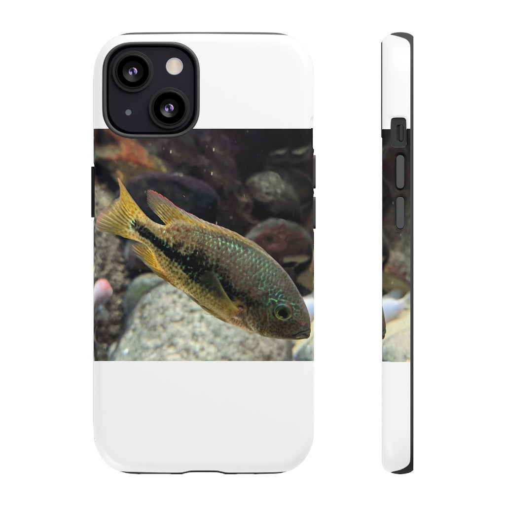 Brown and orange fish tough phone case with dual-layer protection and impact-resistant design.