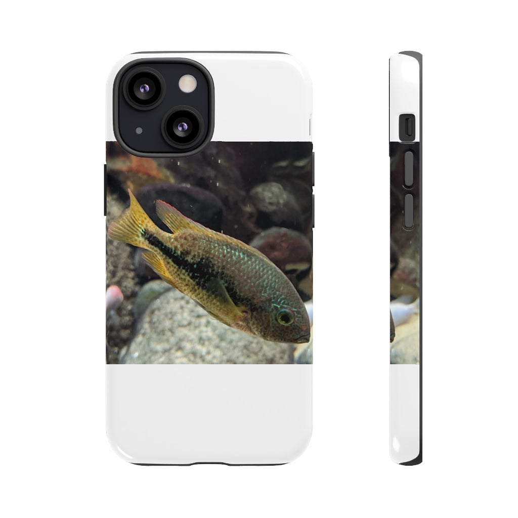 Brown and orange fish tough phone case with dual-layer protection and impact-resistant design.