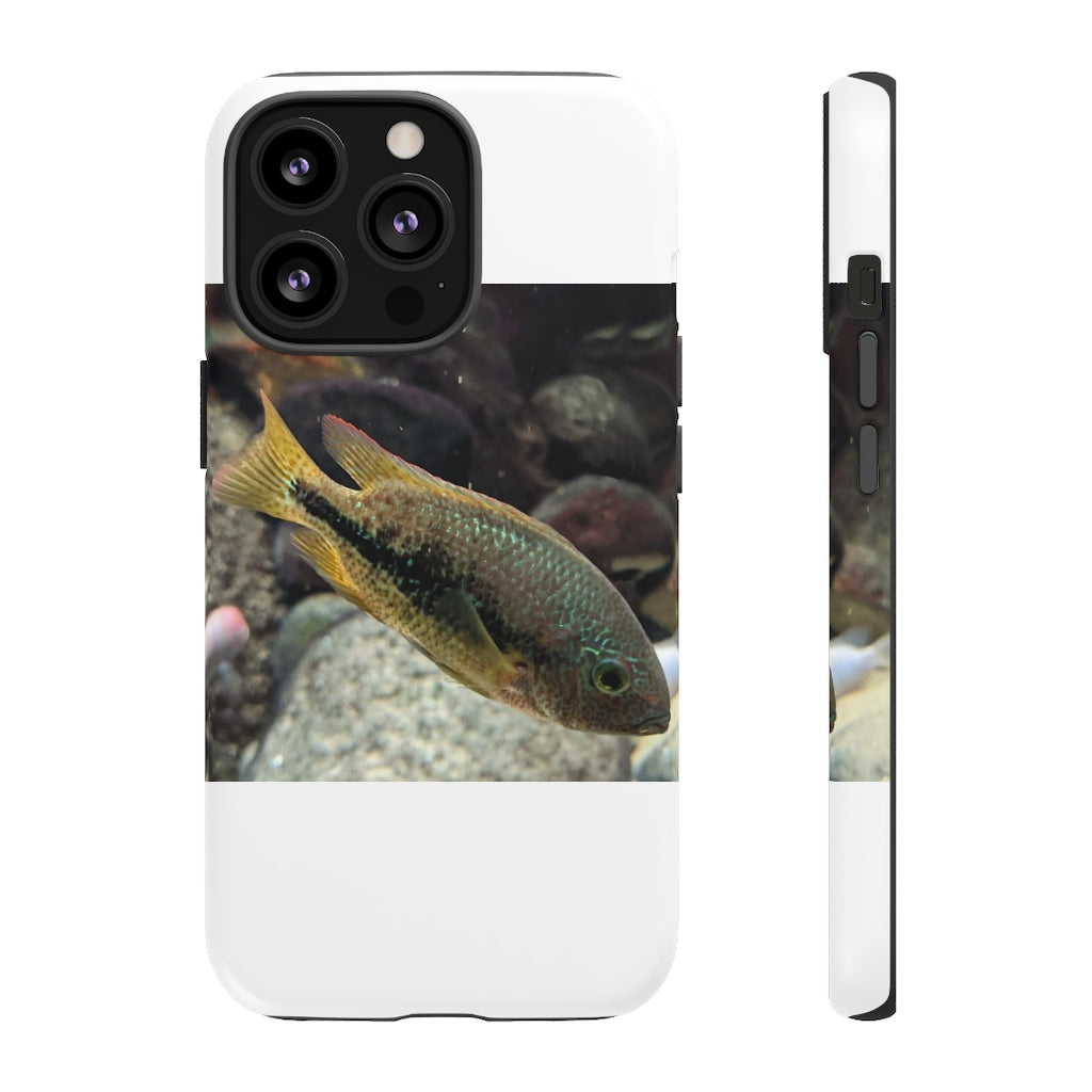 Brown and orange fish tough phone case with dual-layer protection and impact-resistant design.