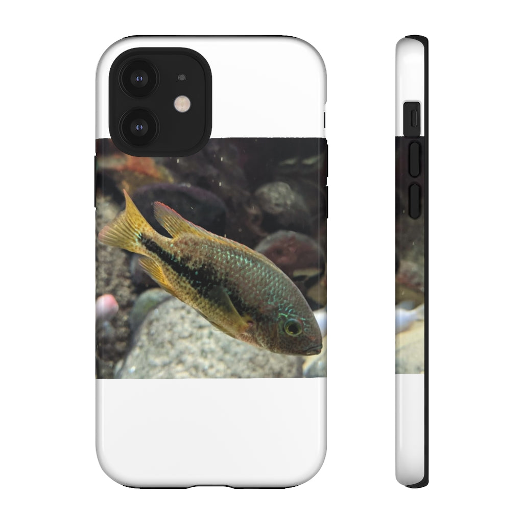 Brown and orange fish tough phone case with dual-layer protection and impact-resistant design.