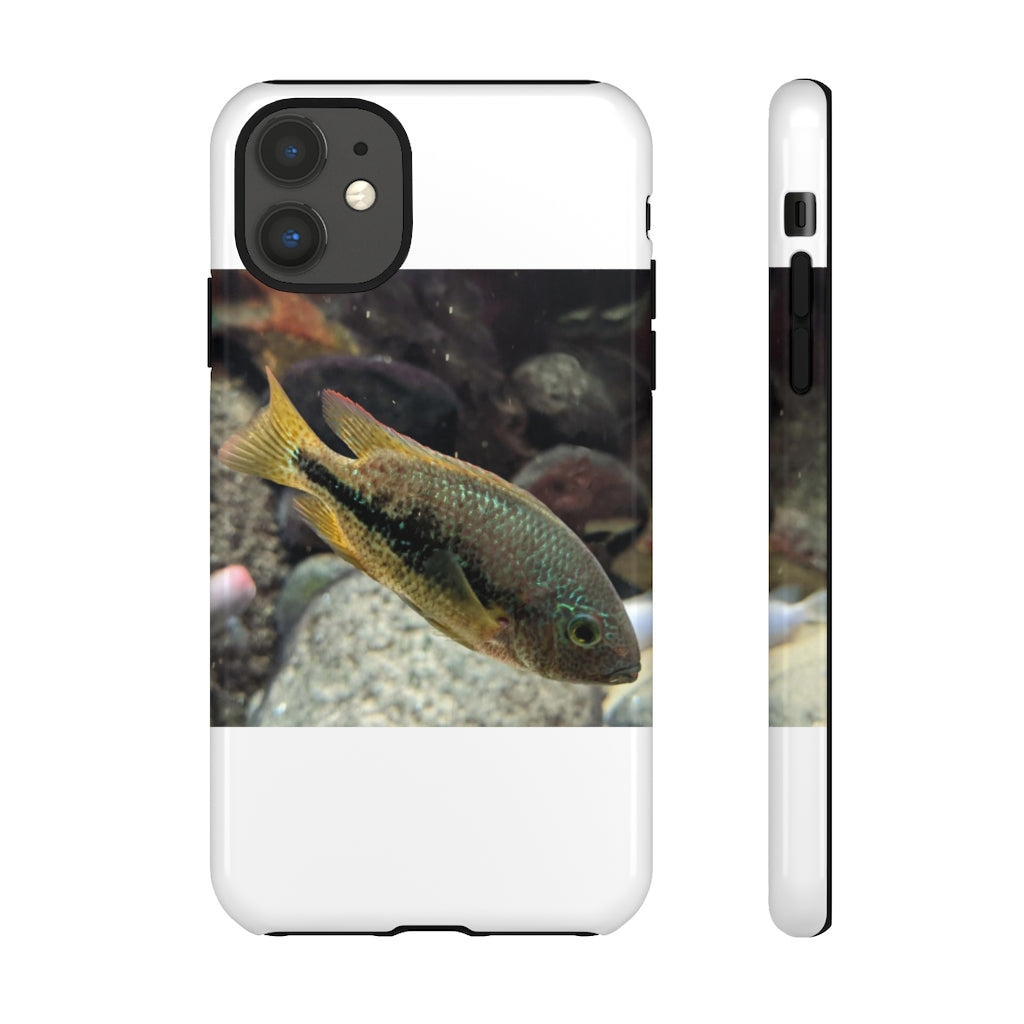 Brown and orange fish tough phone case with dual-layer protection and impact-resistant design.