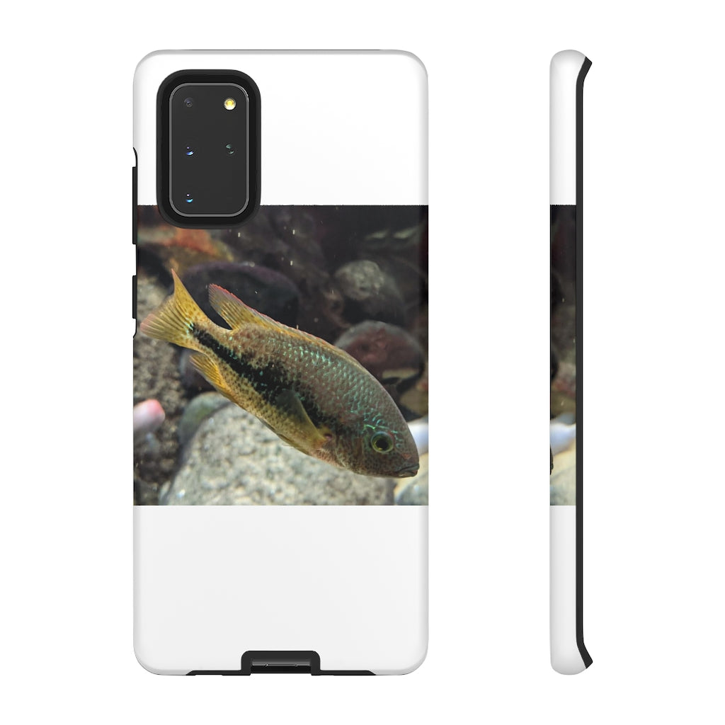 Brown and orange fish tough phone case with dual-layer protection and impact-resistant design.