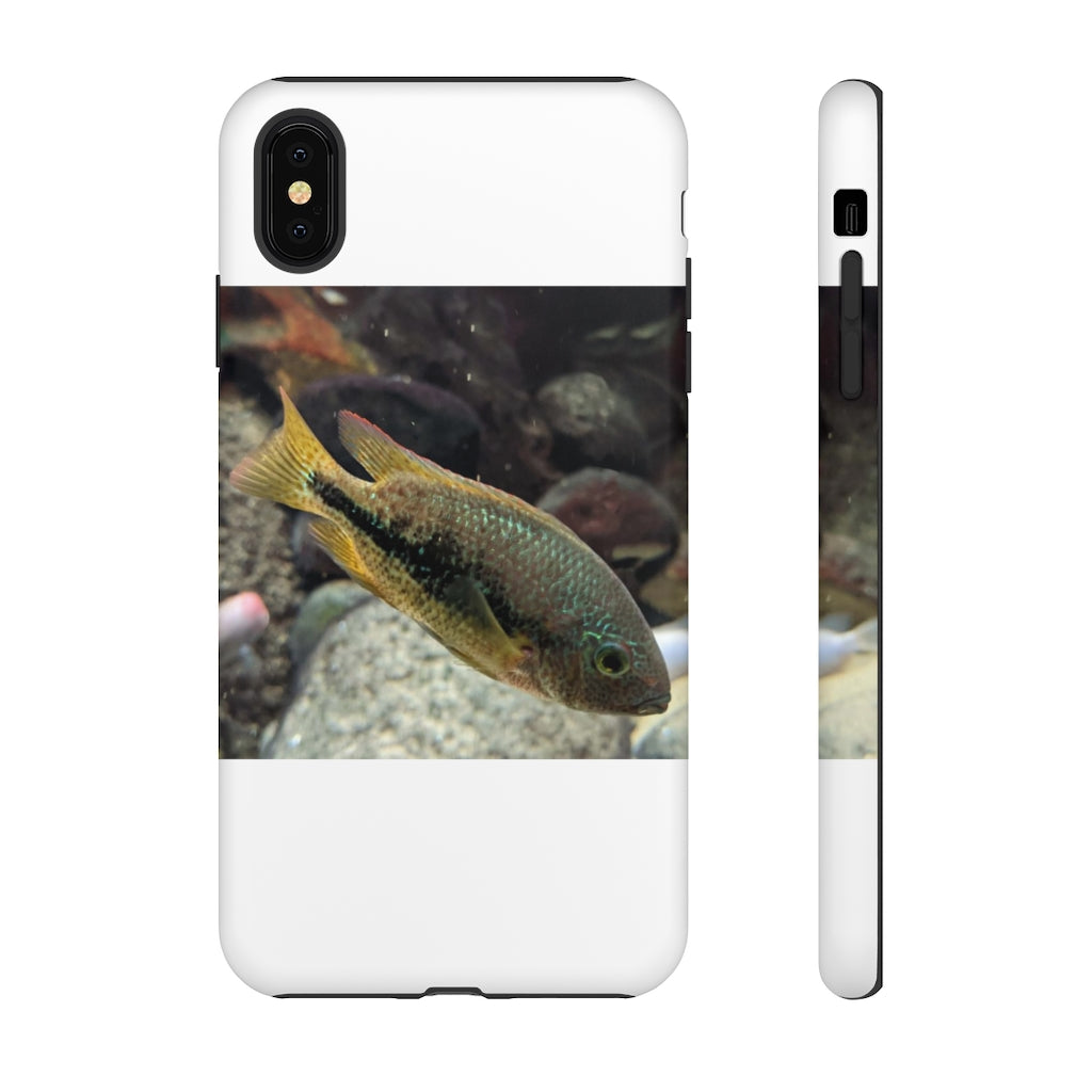 Brown and orange fish tough phone case with dual-layer protection and impact-resistant design.