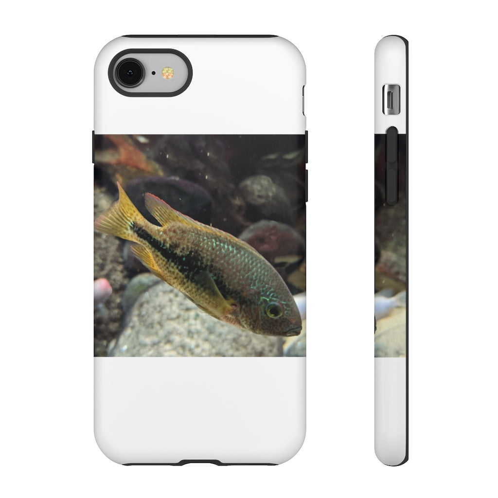 Brown and orange fish tough phone case with dual-layer protection and impact-resistant design.