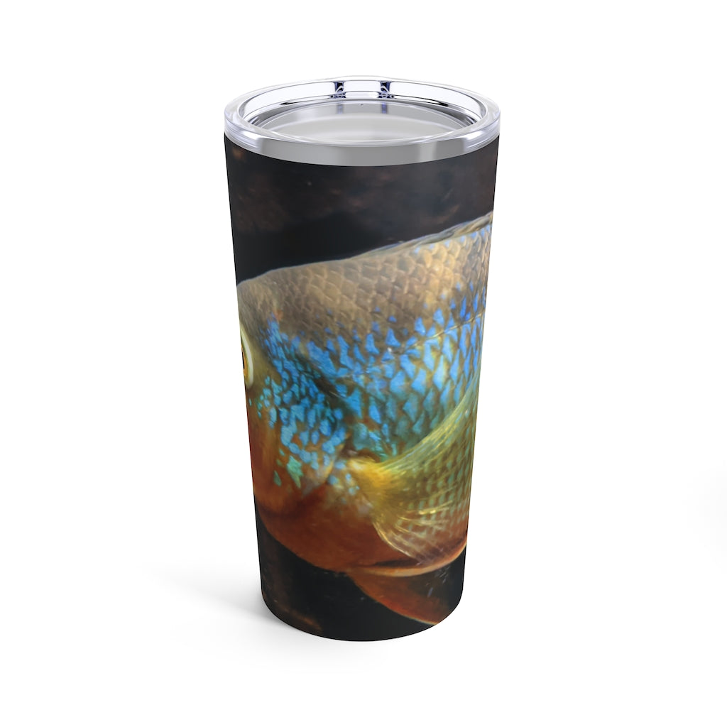 Brown and orange stainless steel tumbler with fish design and see-thru lid, perfect for travel and everyday use.