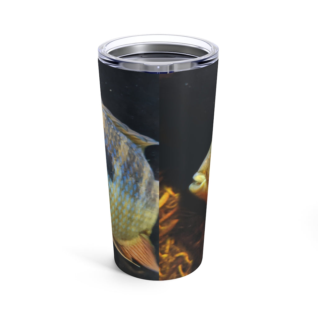 Brown and orange stainless steel tumbler with fish design and see-thru lid, perfect for travel and everyday use.