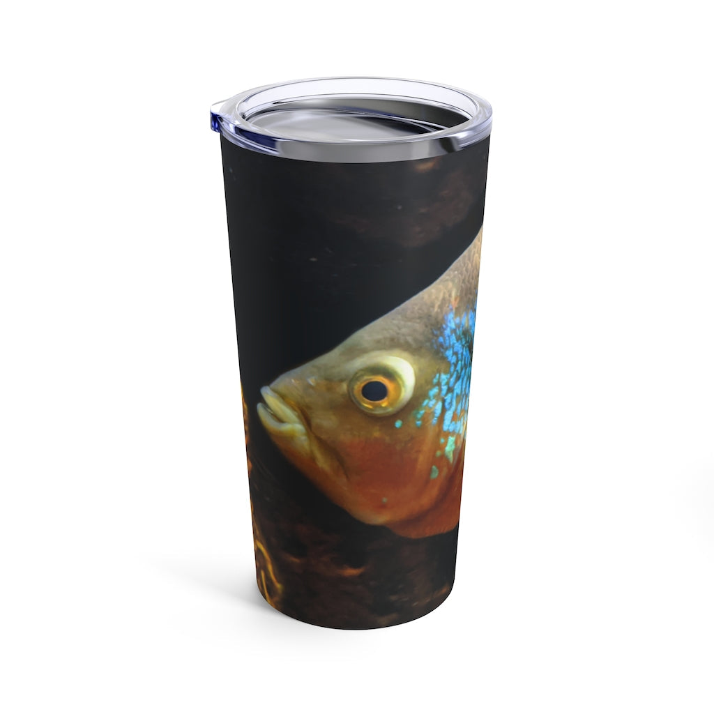 Brown and orange stainless steel tumbler with fish design and see-thru lid, perfect for travel and everyday use.