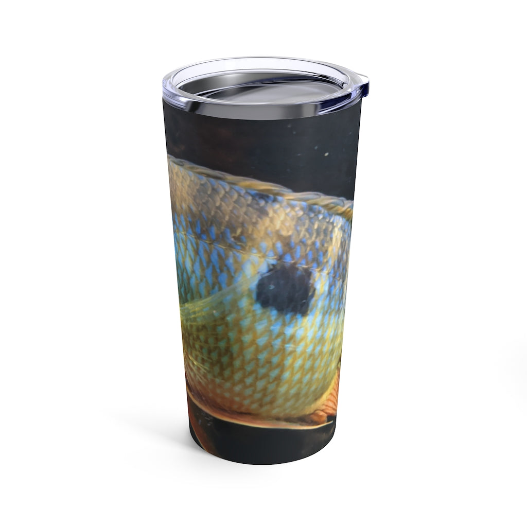 Brown and orange stainless steel tumbler with fish design and see-thru lid, perfect for travel and everyday use.