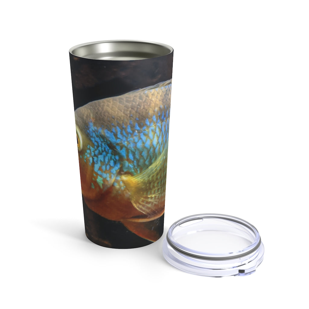 Brown and orange stainless steel tumbler with fish design and see-thru lid, perfect for travel and everyday use.