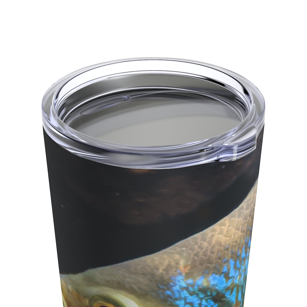 Brown and orange stainless steel tumbler with fish design and see-thru lid, perfect for travel and everyday use.