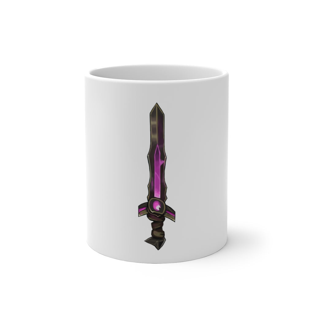 Brown and purple color changing mug with sword design, showcasing its unique color transformation when filled with hot liquid.