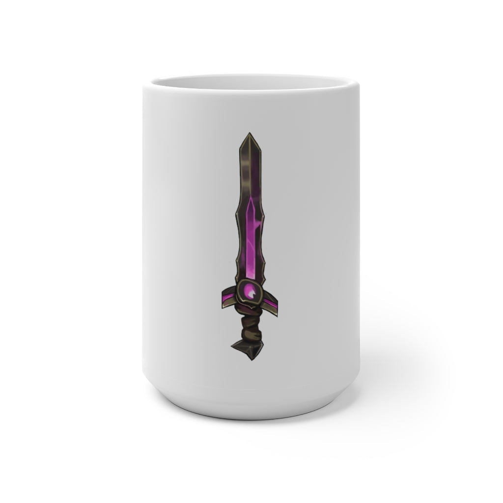 Brown and purple color changing mug with sword design, showcasing its unique color transformation when filled with hot liquid.