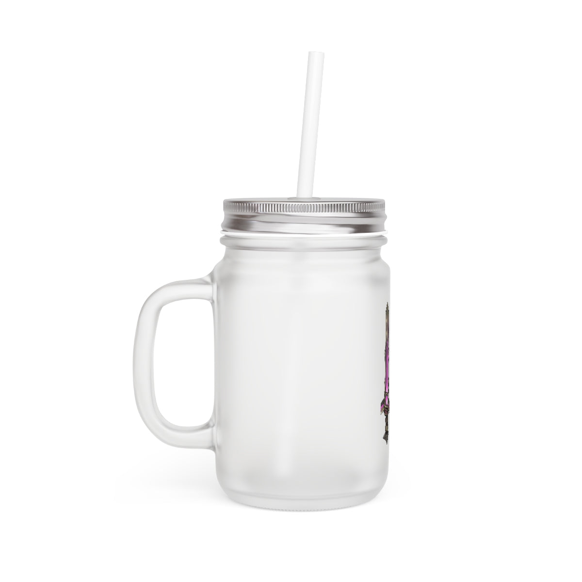 Brown and Purple Sword Mason Jar with straw and lid, showcasing a frosted glass design perfect for personalized drinks.