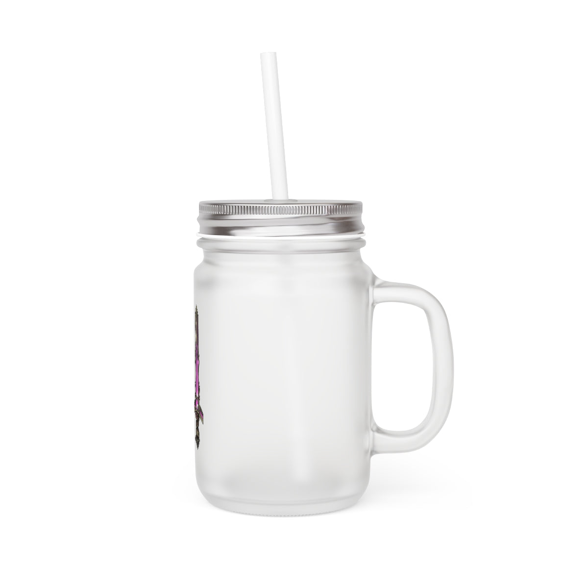 Brown and Purple Sword Mason Jar with straw and lid, showcasing a frosted glass design perfect for personalized drinks.