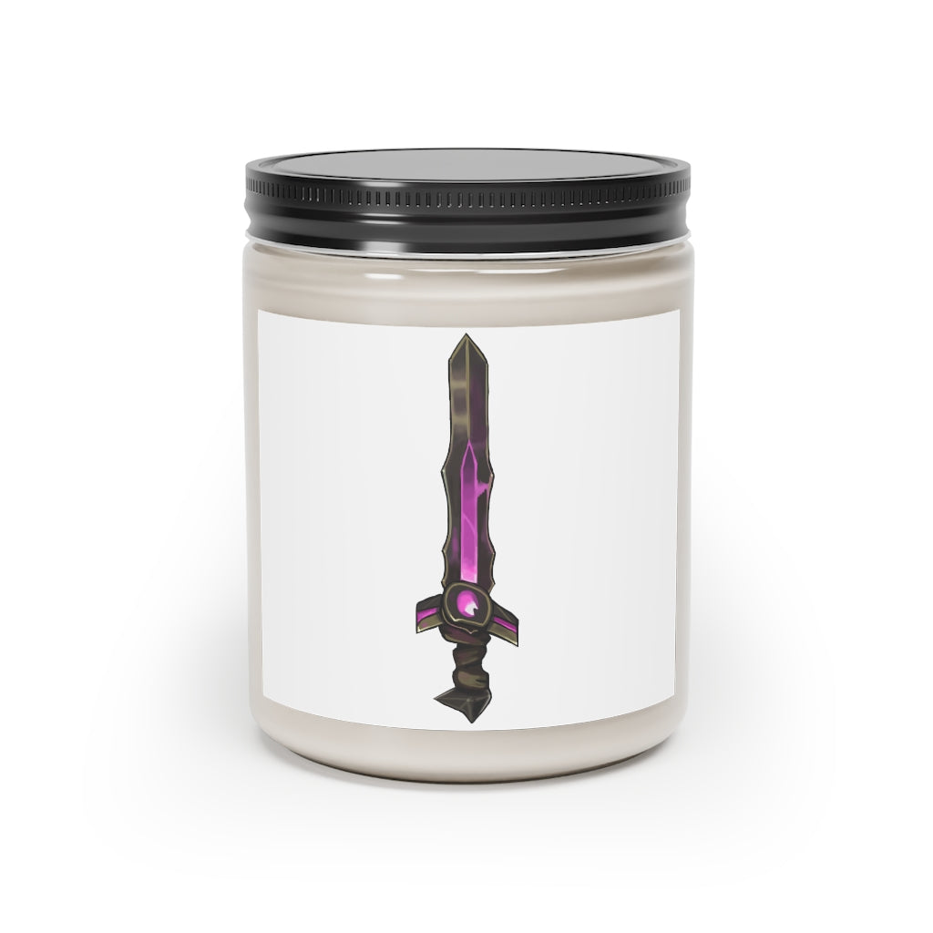 Brown and Purple Sword Scented Candle in a glass container, showcasing its elegant design and vibrant colors.