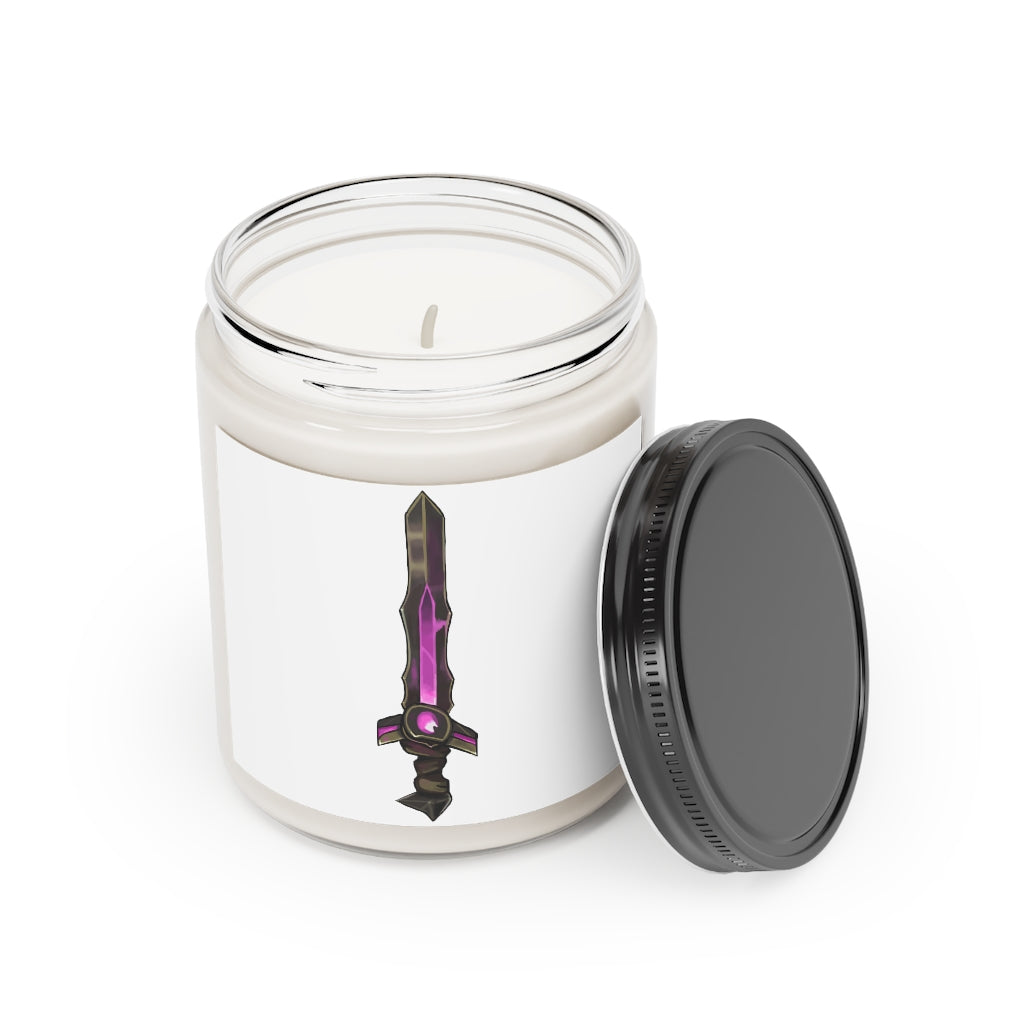 Brown and Purple Sword Scented Candle in a glass container, showcasing its elegant design and vibrant colors.