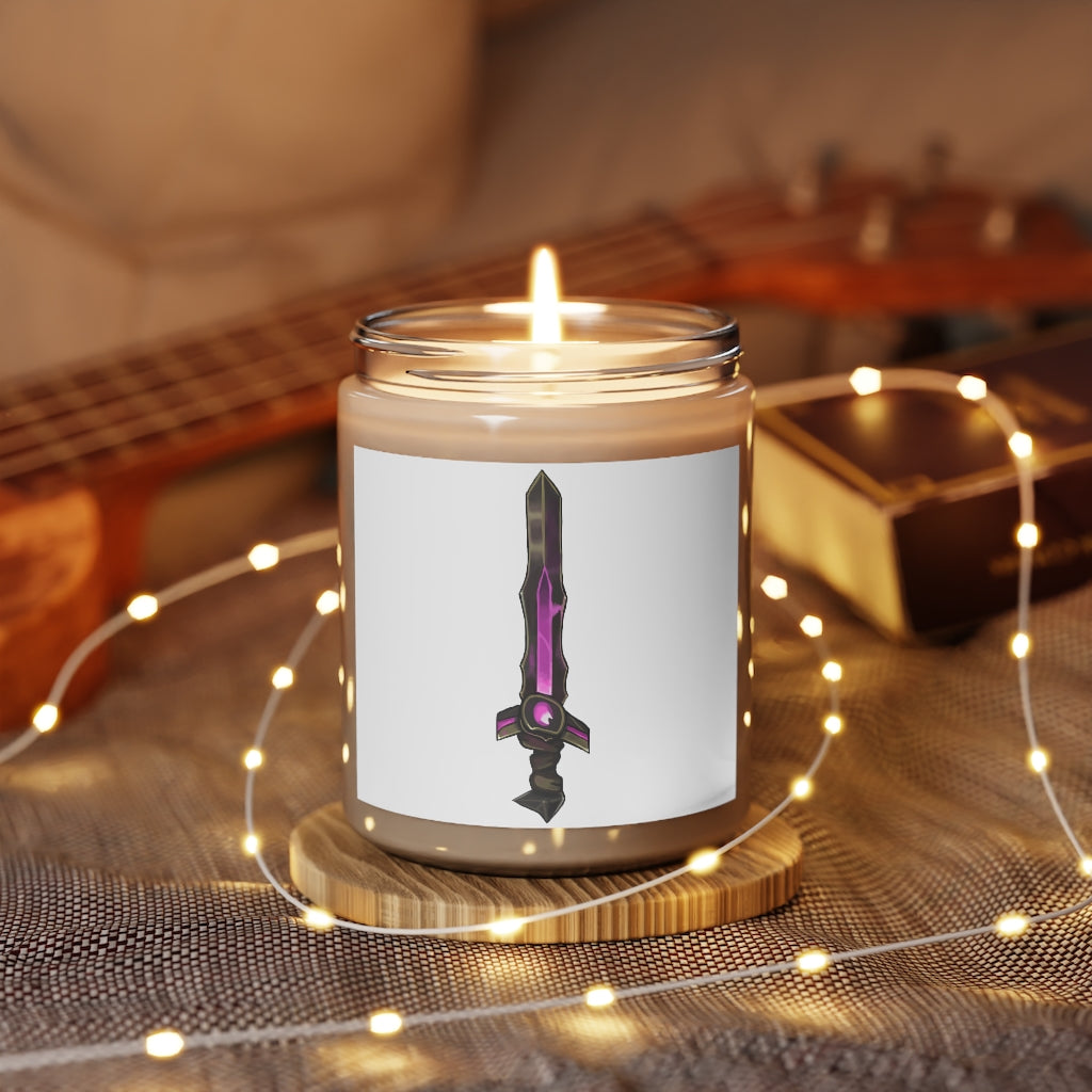 Brown and Purple Sword Scented Candle in a glass container, showcasing its elegant design and vibrant colors.