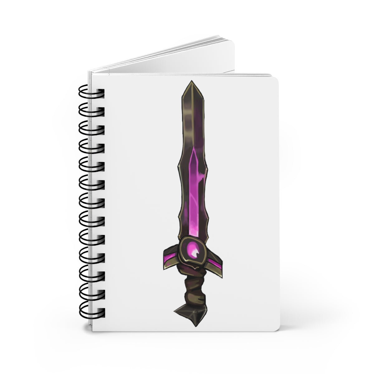 Brown and purple spiral bound journal featuring a sword design with a glossy laminated cover.