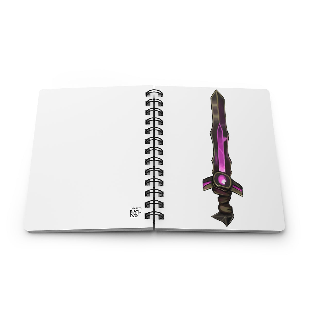 Brown and purple spiral bound journal featuring a sword design with a glossy laminated cover.