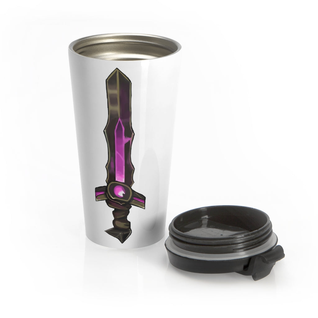 Brown and Purple Sword Stainless Steel Travel Mug with a stylish design, perfect for keeping drinks hot or cold on the go.