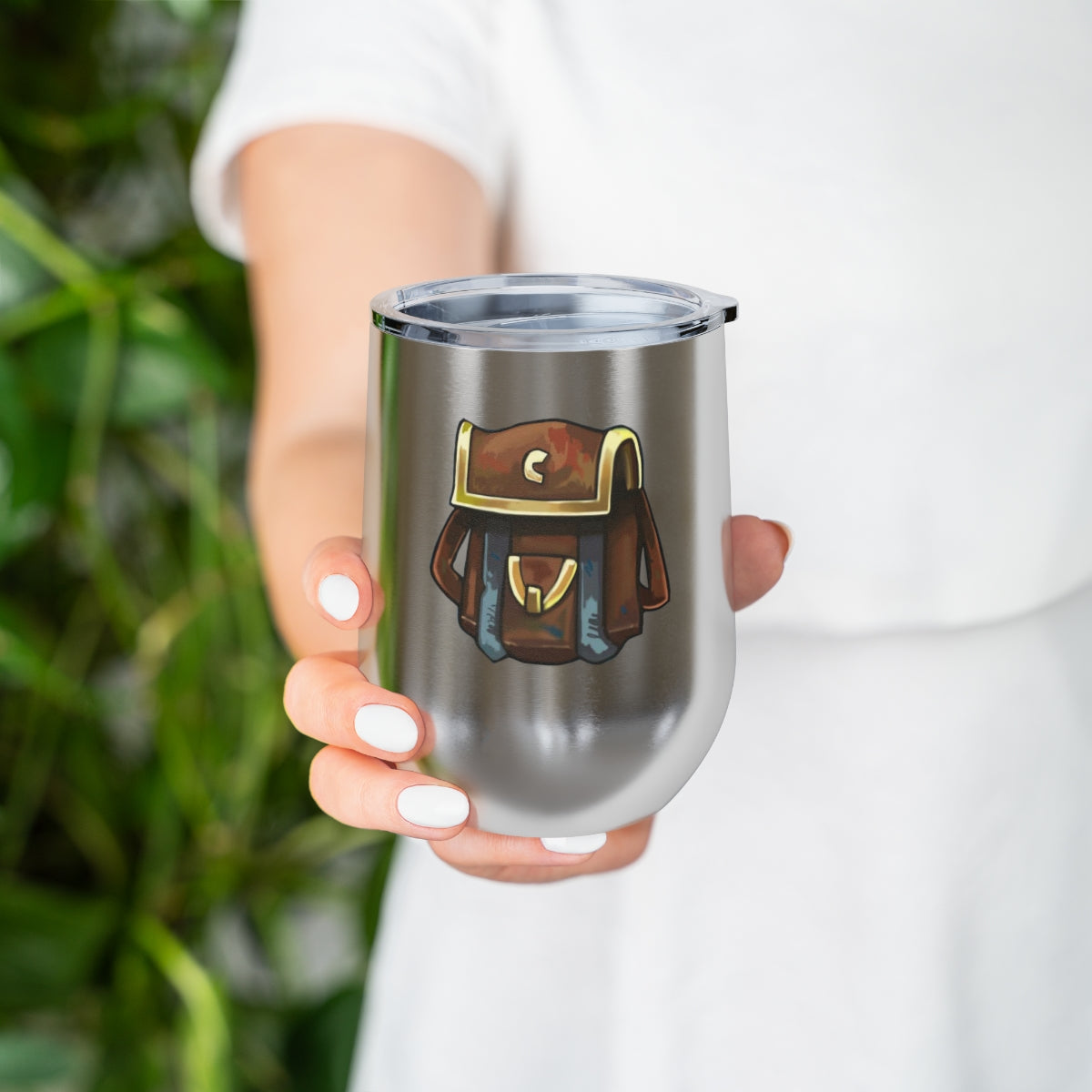 Brown Bag 12oz Insulated Wine Tumbler with clear lid, showcasing its sleek stainless steel design and double-wall insulation.