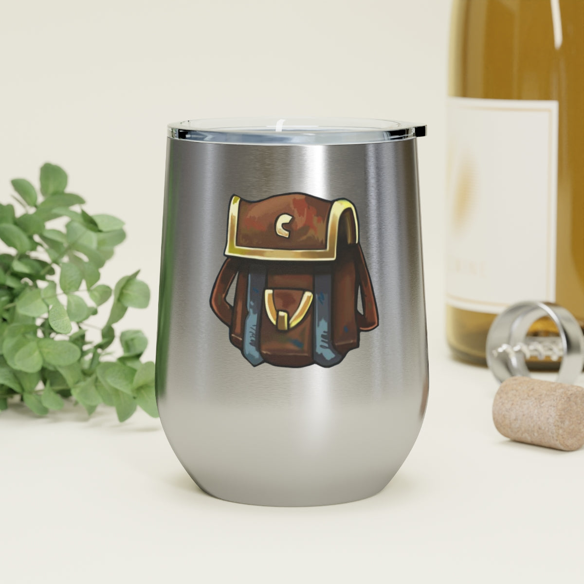 Brown Bag 12oz Insulated Wine Tumbler with clear lid, showcasing its sleek stainless steel design and double-wall insulation.