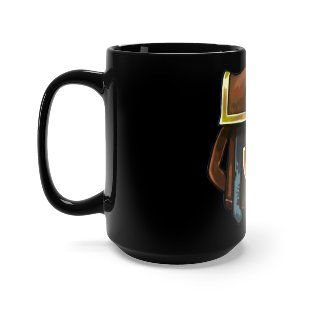 A stylish black ceramic mug with a C-handle, featuring rounded corners and a 15 oz capacity, perfect for coffee and tea lovers.