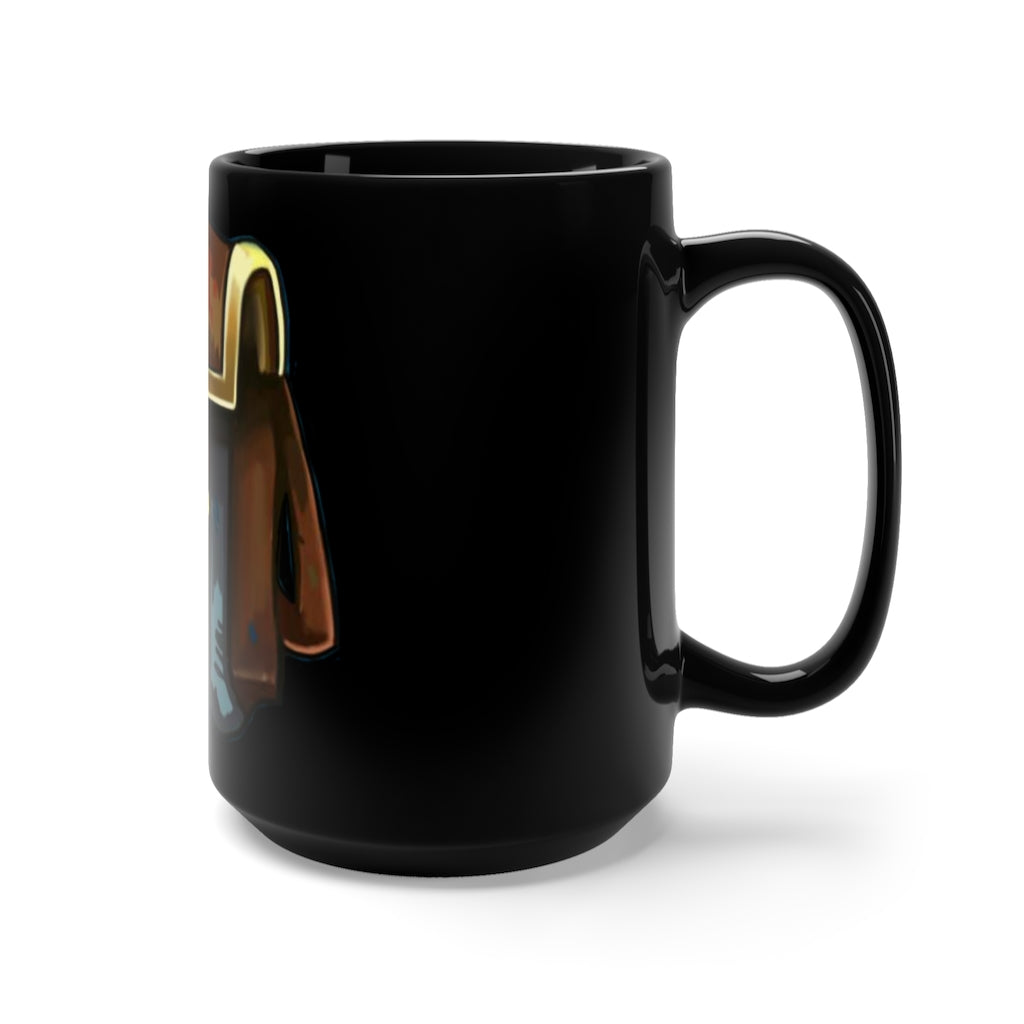 A stylish black ceramic mug with a C-handle, featuring rounded corners and a 15 oz capacity, perfect for coffee and tea lovers.