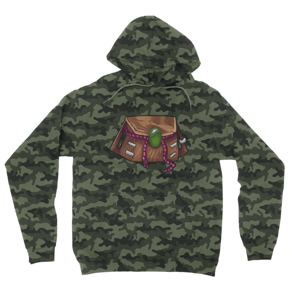 Brown Bag Camouflage Adult Hoodie featuring an all-over camo design, kangaroo pouch pocket, and double fabric hood.