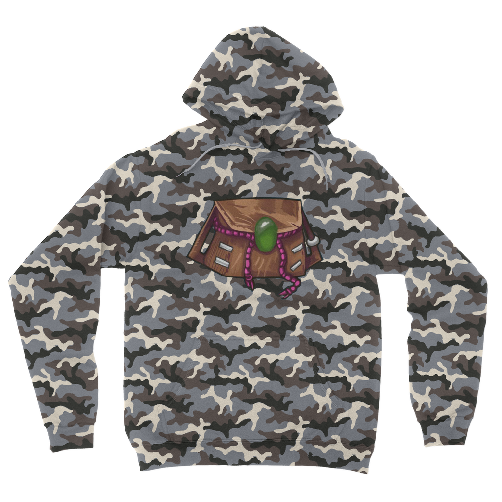 Brown Bag Camouflage Adult Hoodie featuring an all-over camo design, kangaroo pouch pocket, and double fabric hood.