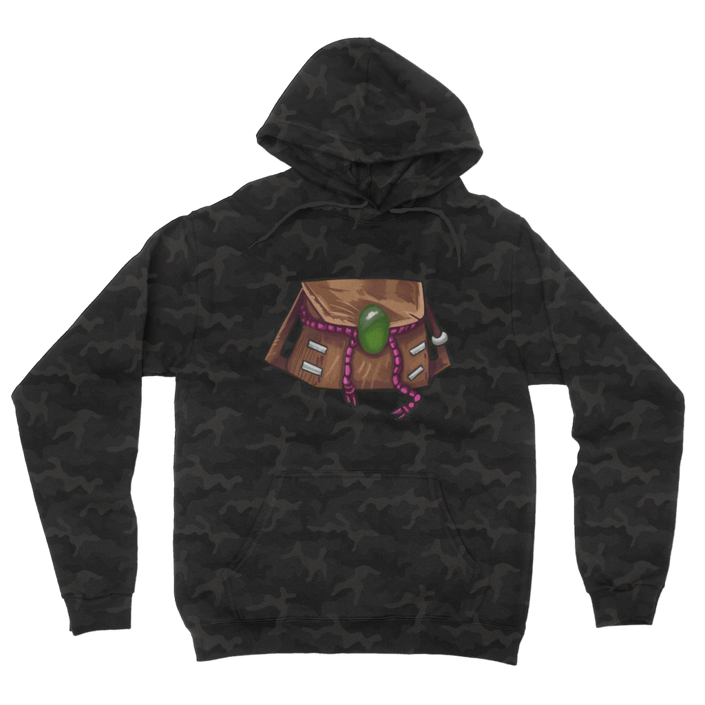 Brown Bag Camouflage Adult Hoodie featuring an all-over camo design, kangaroo pouch pocket, and double fabric hood.