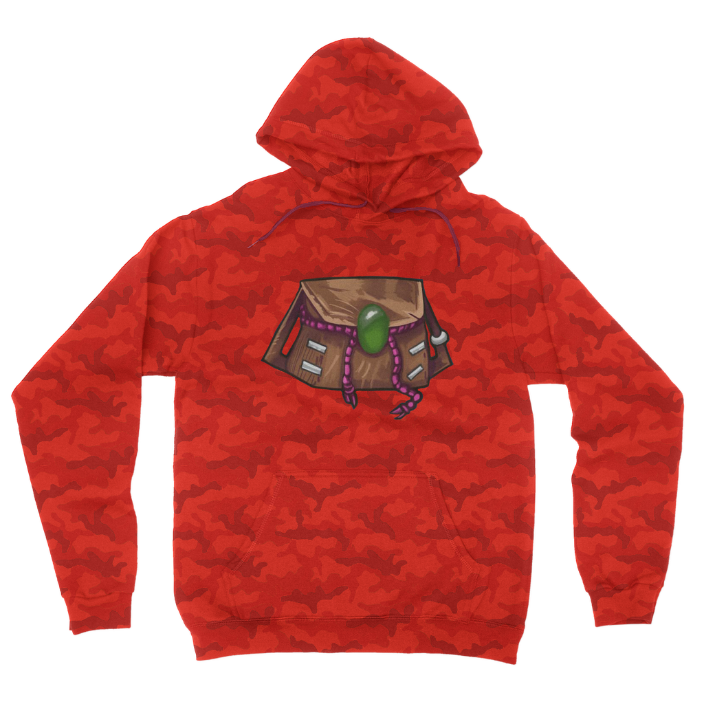 Brown Bag Camouflage Adult Hoodie featuring an all-over camo design, kangaroo pouch pocket, and double fabric hood.