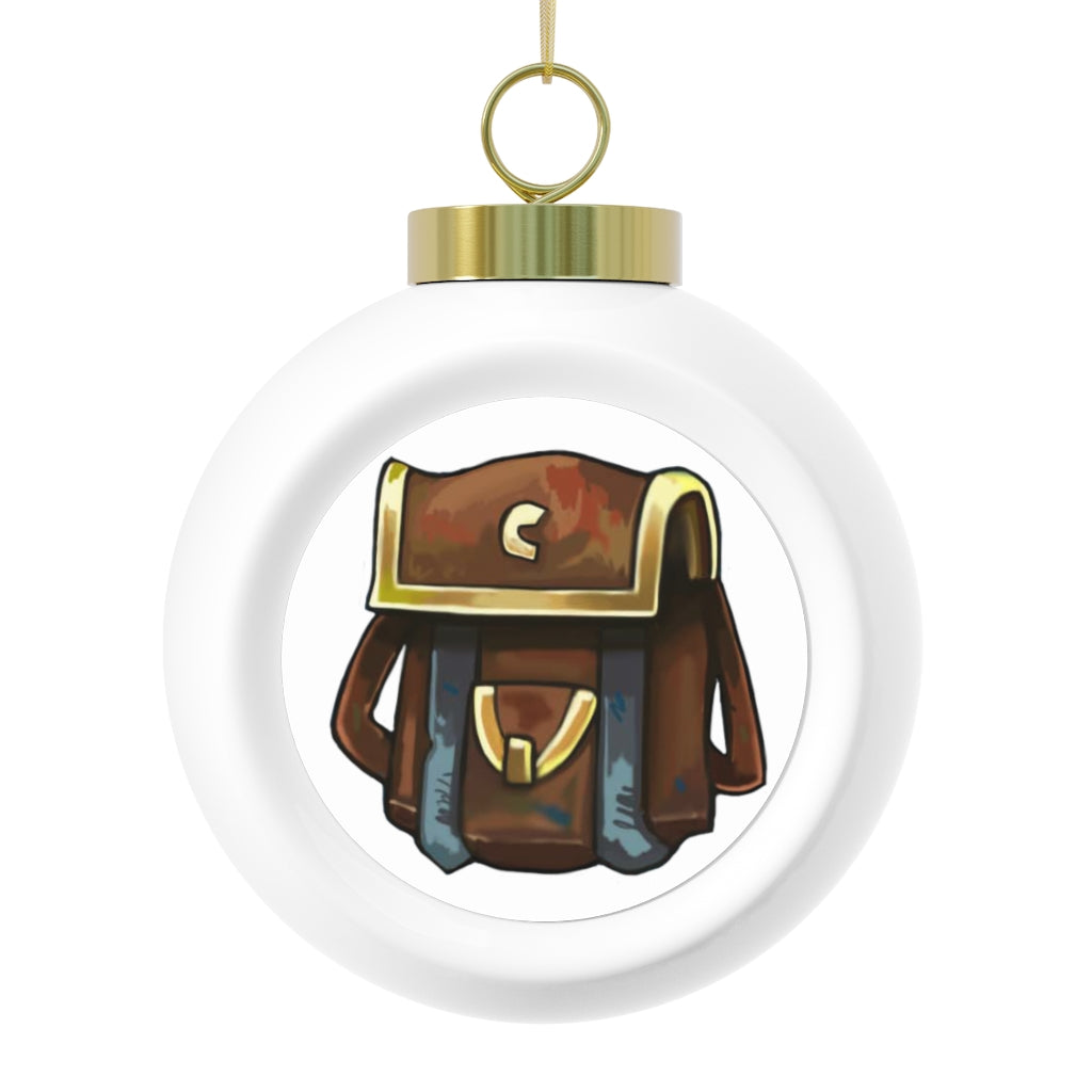 A beautiful 3-inch Brown Bag Christmas Ball Ornament with a glossy finish, featuring a gold ribbon for hanging and a vintage design.